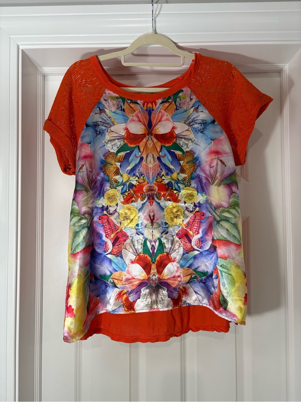ONE WORLD Orange Short-Sleeve Tee with Multicolor Floral Mirror Print